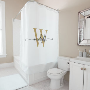 Moderne stijlvolle script witte gouden monogram na douchegordijn