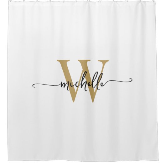 Moderne stijlvolle script witte gouden monogram na douchegordijn (Voorkant)