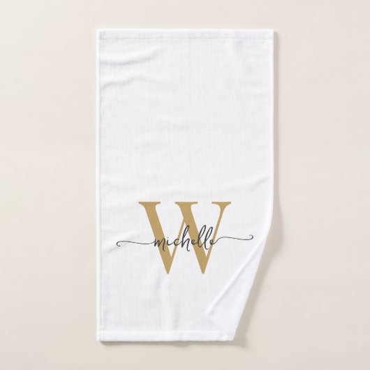 Moderne stijlvolle script witte gouden monogram na handdoek (Handdoek)