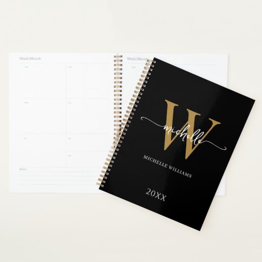 Moderne stijlvolle script zwarte gouden monogram 2 planner (Display)