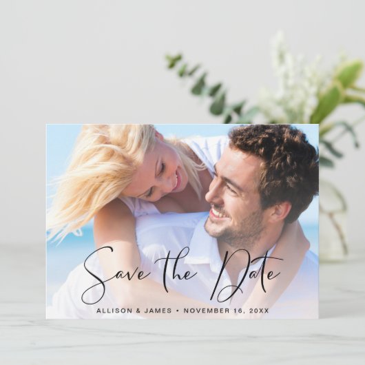 Moderne stijlvolle scriptfoto save the date (Staand voorkant)