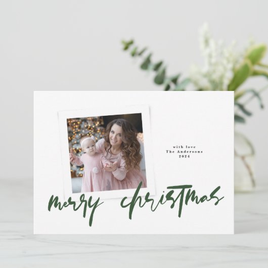 Moderne stijlvolle trendy groene vrolijke kerstfot feestdagenkaart (Staand voorkant)
