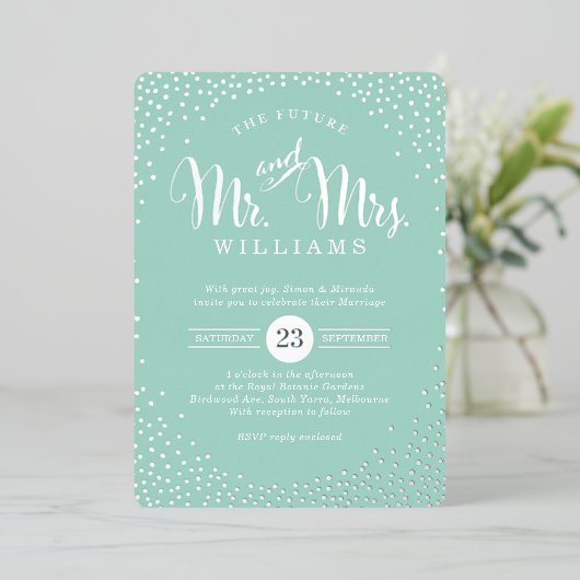 MODERNE STIJLVOLLE TROUW mini zilver confetti mint Folie Uitnodiging (Staand Voorkant)