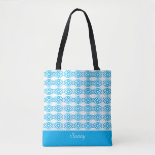 Moderne stijlvolle turquoise patroon & kalligrafie tote bag