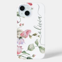 Moderne Stijlvolle Waterverf Bloemenmonogram iPhone 15 Case