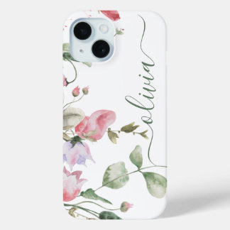 Moderne Stijlvolle Waterverf Bloemenmonogram iPhone 15 Case
