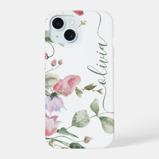 Moderne stijlvolle waterverf bloemeno monogram  iPhone 15 case