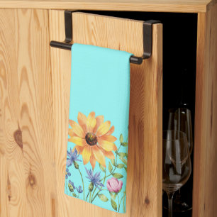 Moderne Stijlvolle Wildbloemen op Blauwgroen achte Theedoek