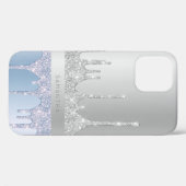 Moderne, stijlvolle zilveren en blauwe glitterdrup Case-Mate iPhone case (Achterkant (horizontaal))