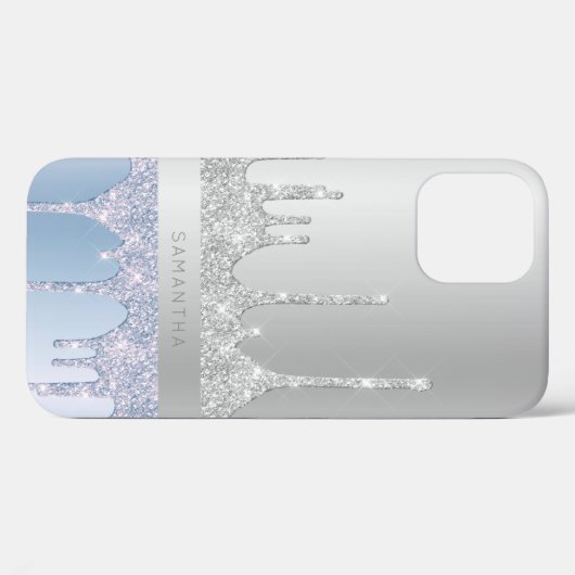 Moderne, stijlvolle zilveren en blauwe glitterdrup Case-Mate iPhone case (Achterkant (horizontaal))