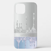 Moderne, stijlvolle zilveren en blauwe glitterdrup Case-Mate iPhone case (Achterkant)