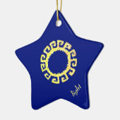 Moderne, stijlvolle zon op koninklijk blauw keramisch ornament (Links)