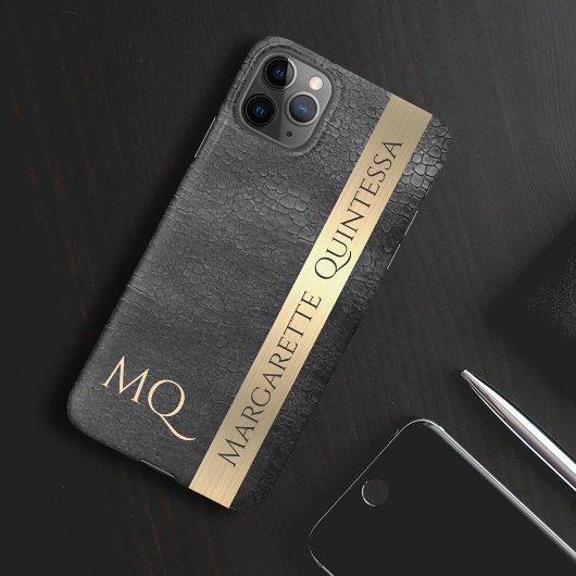 Moderne stijlvolle zwart lederen gouden folie mono iPhone hoesje