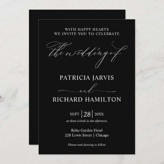 Moderne Stijlvolle Zwart-Wit Huwelijksuitnodiging Bedankkaart (Voorkant / Achterkant)