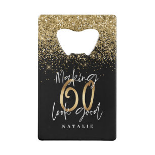 Moderne, stijlvolle zwarte en goudglitter 60 jaar creditkaart flessenopener