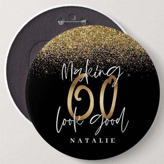 Moderne, stijlvolle zwarte en goudglitter 60 jaar ronde button 6,0 cm (Voorkant /achterkant)