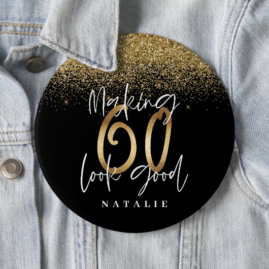 Moderne, stijlvolle zwarte en goudglitter 60 jaar ronde button 6,0 cm (In situ)