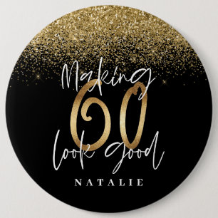 Moderne, stijlvolle zwarte en goudglitter 60 jaar ronde button 6,0 cm