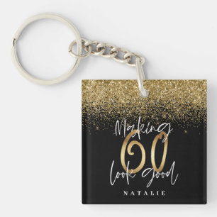 Moderne, stijlvolle zwarte en goudglitter 60 jaar sleutelhanger