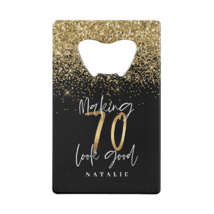 Moderne, stijlvolle zwarte en goudglitter 70 jaar creditkaart flessenopener