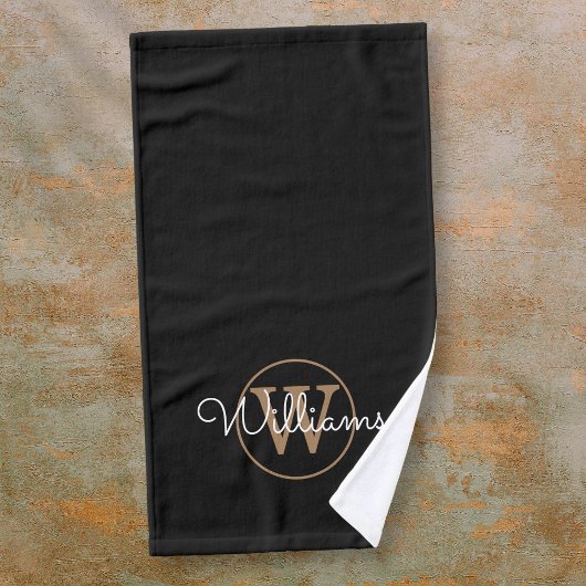 Moderne stijlvolle zwarte gouden monogram script n handdoek
