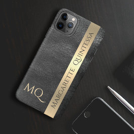 Moderne stijlvolle zwarte leren vergulde monogram iPhone 16 hoesje