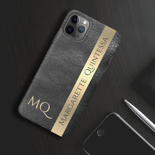 Moderne stijlvolle zwarte leren vergulde monogram iPhone 16 hoesje