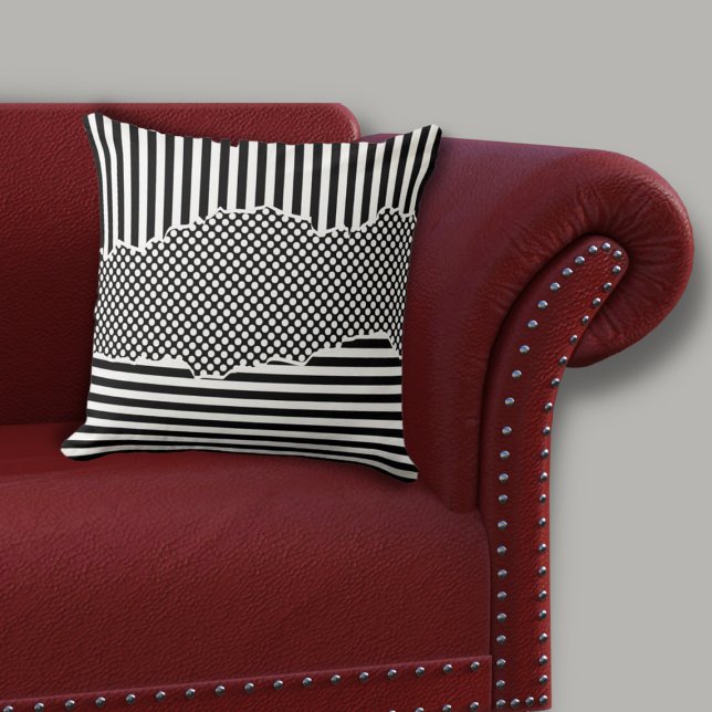 Moderne Stippen met zwarte en witte gelaagde strep Kussen (Modern Black & White Layered Stripes Dots Throw Pillow)