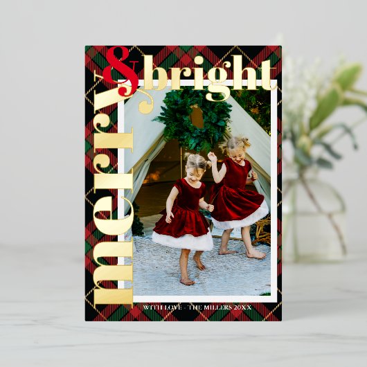 Moderne Stoere Geruite Blij & Kerst Familie Foto Folie Feestdagenkaart (Staand Voorkant)