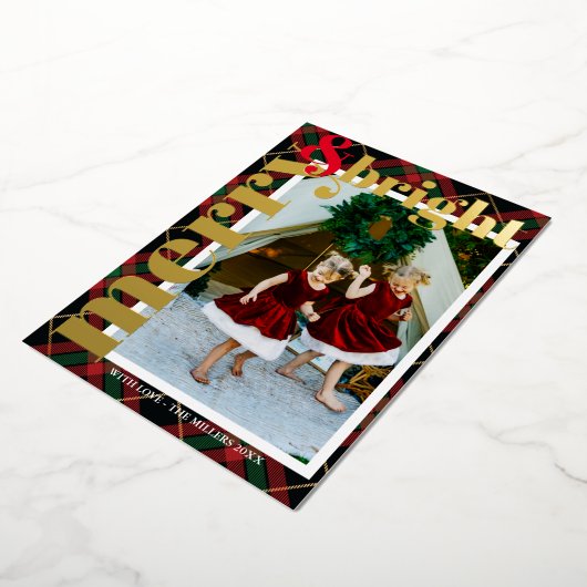 Moderne Stoere Geruite Blij & Kerst Familie Foto Folie Feestdagenkaart (Gedraaid)