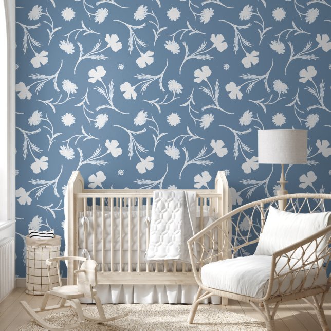 Moderne Stof Blauw Witte Bloemstukken Liberty Scha Behang (Kinderen)