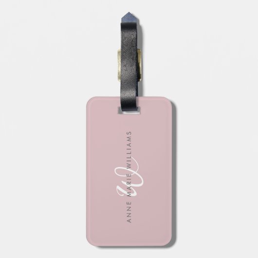 Moderne Stof Lilac Witte Script Monogram Bagagelabel (Achterkant verticaal)