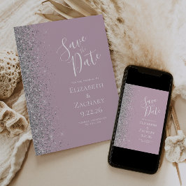 Moderne Stof Lilac Zilveren Glitter Save the Date Aankondiging