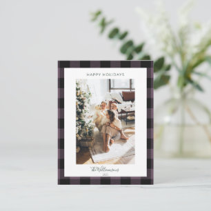 Moderne Stof Paarse Plaid Rustieke Foto Kerstmis Feestdagenkaart