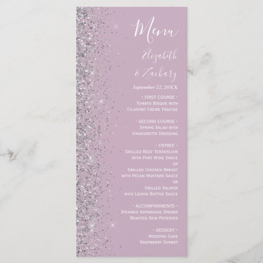 Moderne Stof Purple Lila Zilveren Glitter Bruiloft Menu (Voorkant)