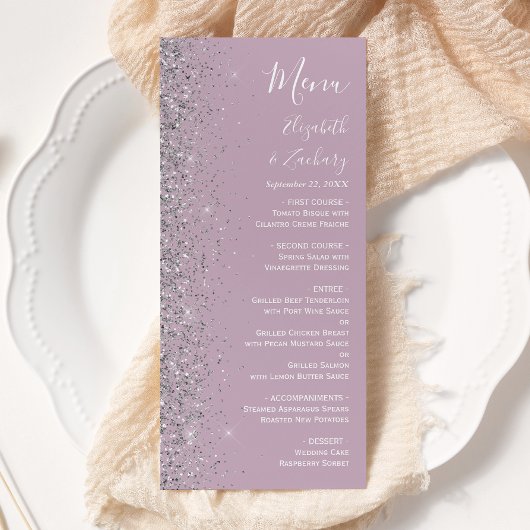 Moderne Stof Purple Lila Zilveren Glitter Bruiloft Menu