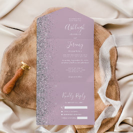Moderne Stof Purple Lilac Zilveren Glitter Bruilof All In One Uitnodiging