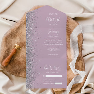 Moderne Stof Purple Lilac Zilveren Glitter Bruilof All In One Uitnodiging