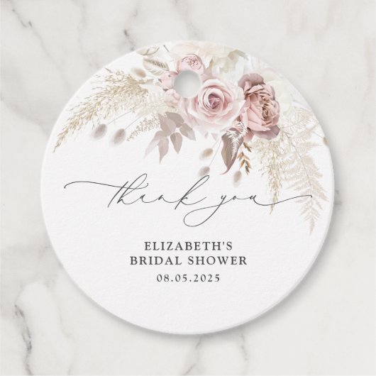 Moderne Stof Roos Bloemige Bruidsdouche Bedankjes Labels (Voorkant)