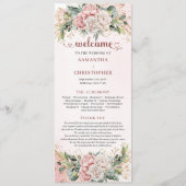 Moderne Stof Roze Bloemen Groene Huwelijksprogramm Programmakaart (Voorkant)