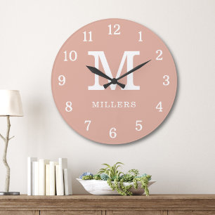 Moderne Stof Roze En Witte Monogram Familienaam Grote Klok
