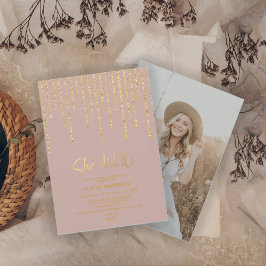 Moderne Stof Roze Goud Glitter Afstudeerfeest Foto Kaart