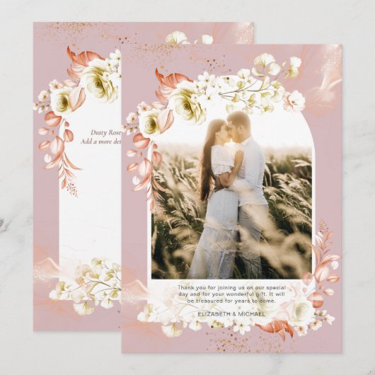 Moderne Stof Roze Koraal Bloemige FOTO DANK JE WEL Bedankkaart (Voorkant / Achterkant)