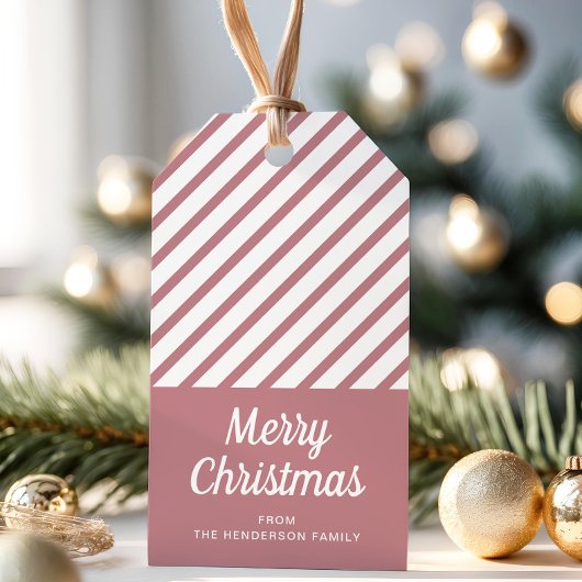 Moderne Stof Roze Strepen Prettig Kerstfeest Cadeaulabel