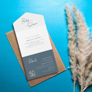 Moderne Stofblauwe Baby Shower Minimalistisch  All In One Uitnodiging