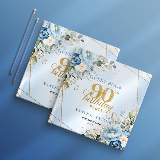 Moderne Stofblauwe Bloemen Script 90ste Verjaardag Gastenboek