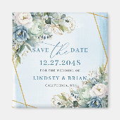 Moderne Stofblauwe Bloemige Gouden 'Save the Date' Magneet (Voorkant)
