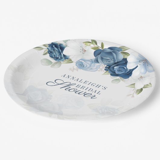 Moderne Stofblauwe Bloemrijke Botanische Bruidsdou Papieren Bordje (Gekanteld)