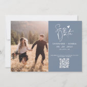 Moderne Stofblauwe Calligrafie Foto QR Code Save The Date (Voorkant)