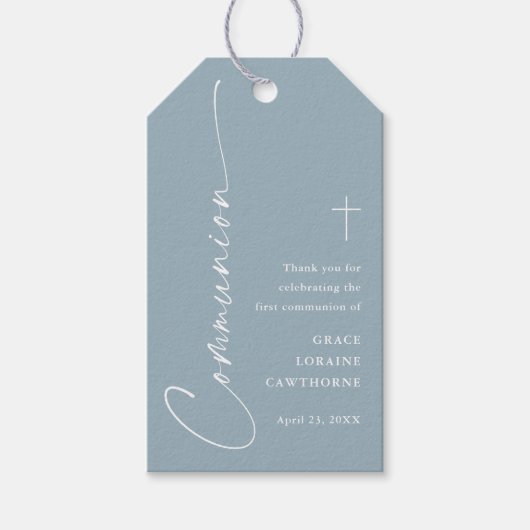 Moderne Stofblauwe Eerste Communie Dank U Favor Cadeaulabel (Voorkant)